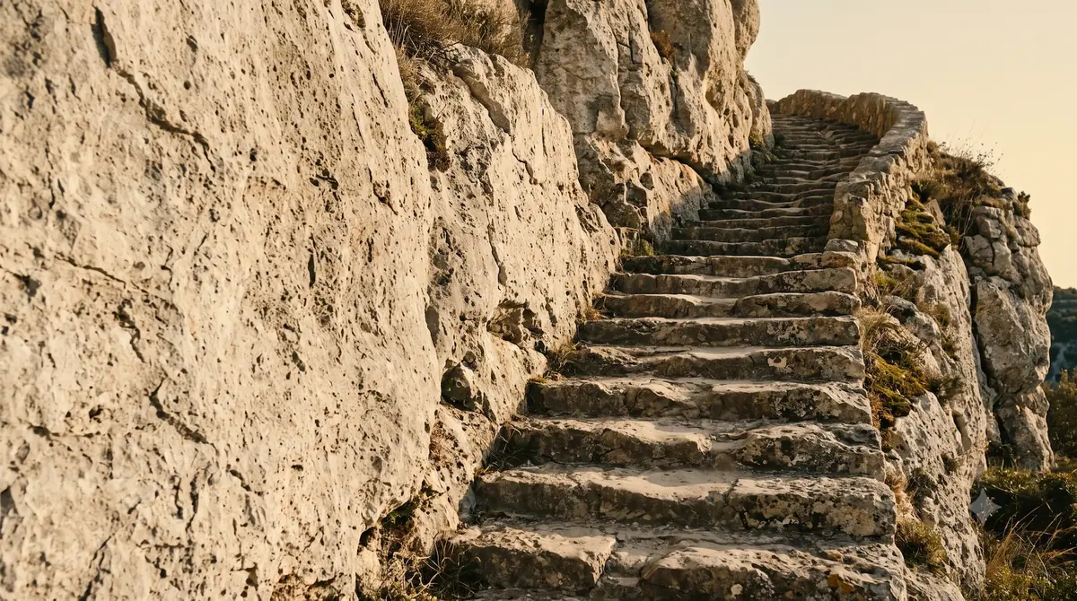Stone steps, worn by use, climbing in one direction